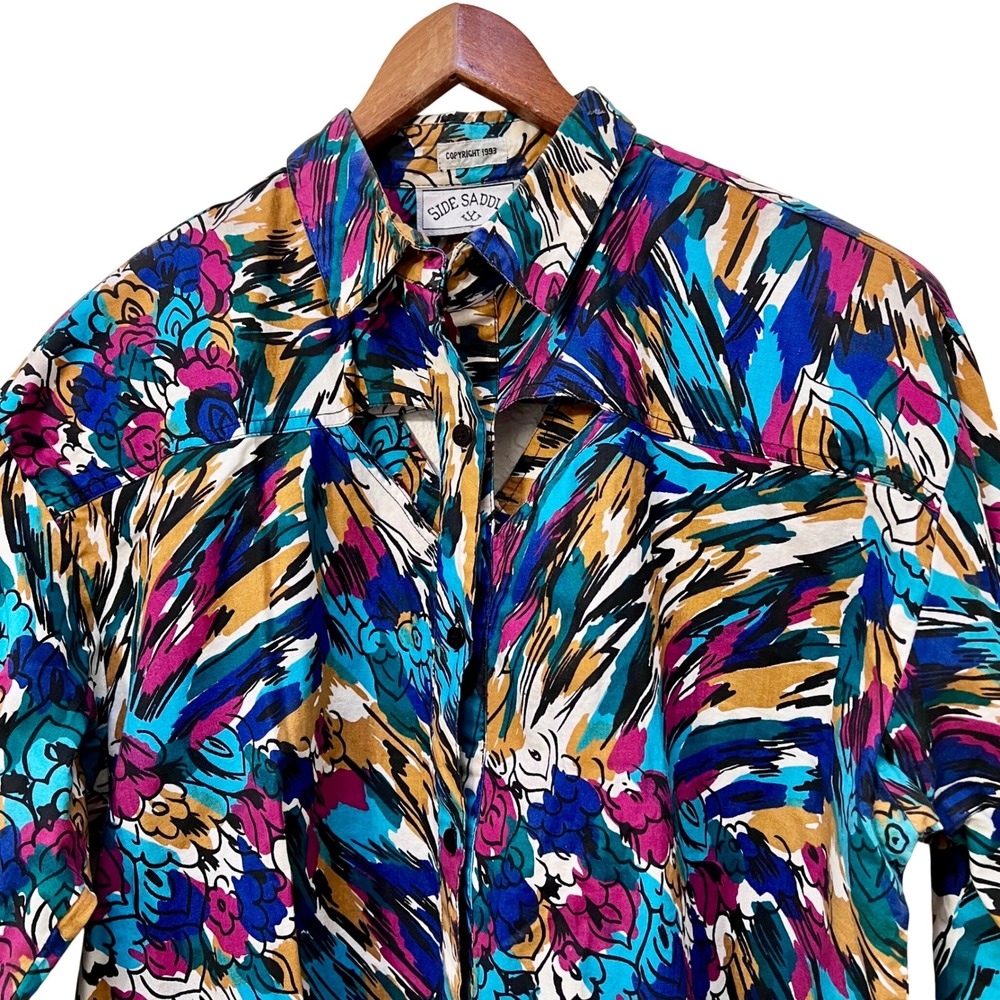 Side‎ Saddle Vintage 1993 Abstract Floral Cutout Button Down Shirt  Western